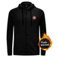 Black hoodie with a red Hanalei logo on a white background, featuring text 'Plush warmth' with a flame graphic.