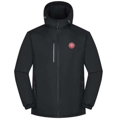 Black fleece lined jacket with a red Hanalei logo on a white background
