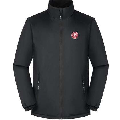 Black soft shell jacket with a red Hanalei logo on a white background