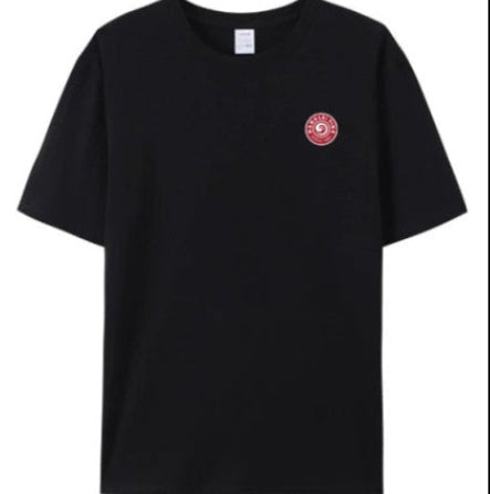 Black t-shirt with a red Hanalei logo on a white background