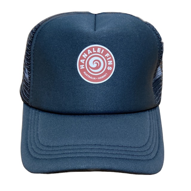 A black trucker cap with a logo on the front that reads 'Hanalei Fins Australia', featuring a breathable mesh panel on the back and a snap back closure.