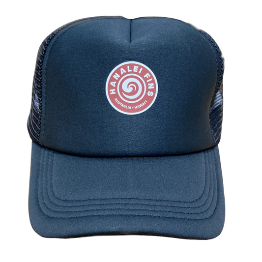A black trucker cap with a logo on the front that reads 'Hanalei Fins Australia', featuring a breathable mesh panel on the back and a snap back closure.
