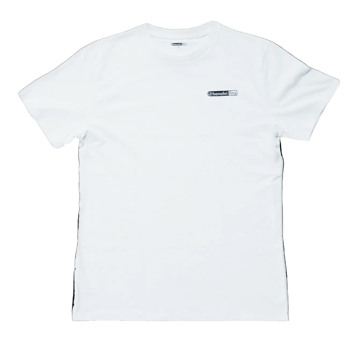 White t-shirt with a Hanalei brand logo on the chest area against a white background