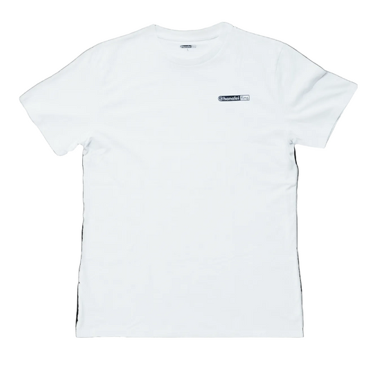 White t-shirt with a Hanalei brand logo on the chest area against a white background